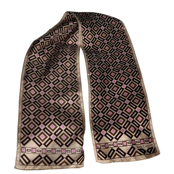 Vintage Ann Taylor Silk Scarf Geometric Brown Beige Pink New - Picture 1 of 13